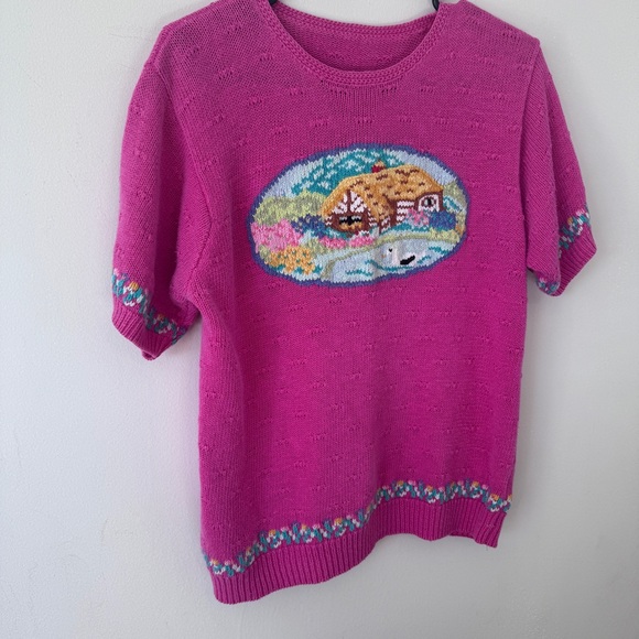 American Vintage Cottage Core Knit Handmade Pink Sweater Costal Grandma - Picture 3 of 10